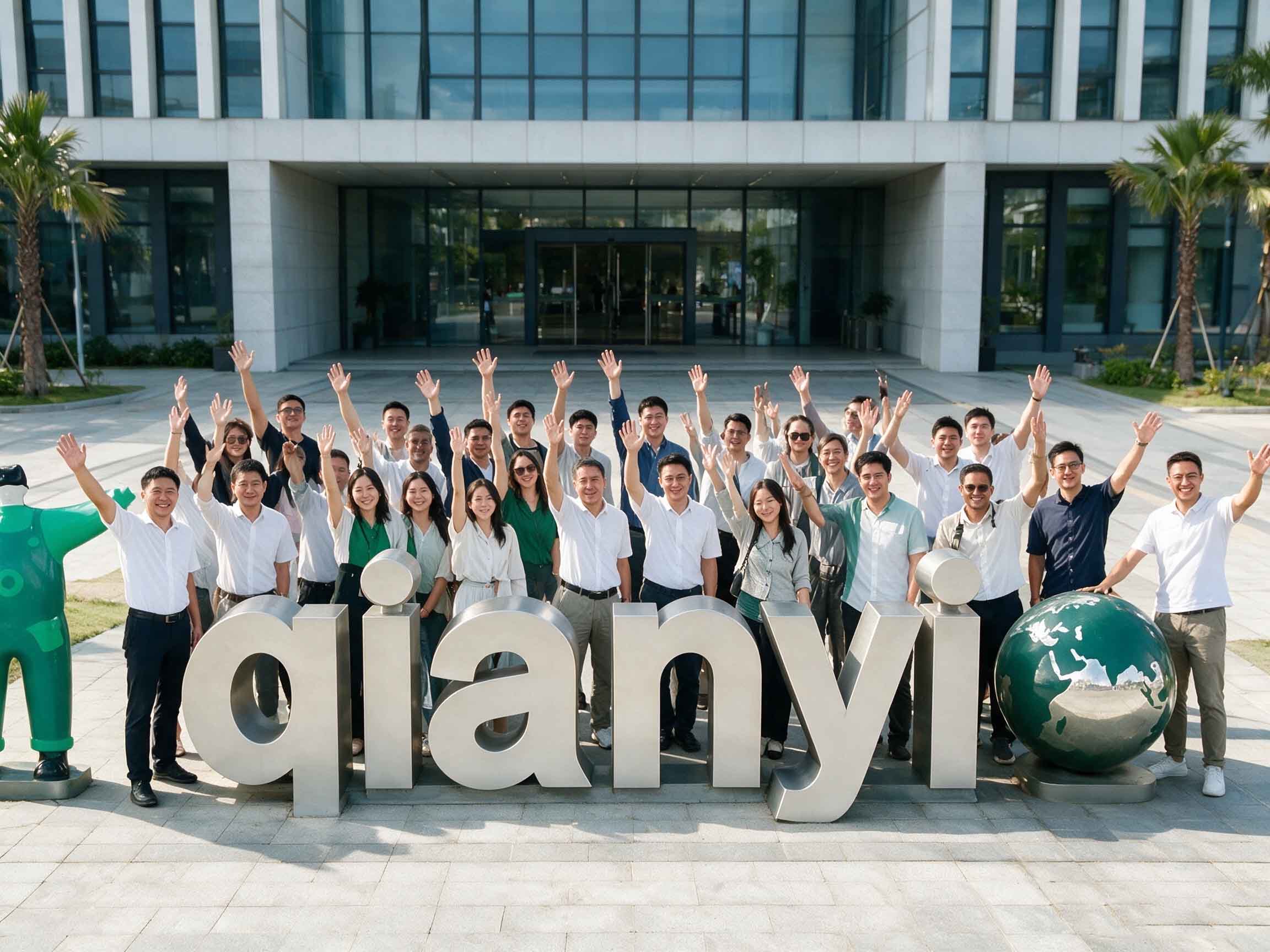 Group photo by Qianyi logo sculpture