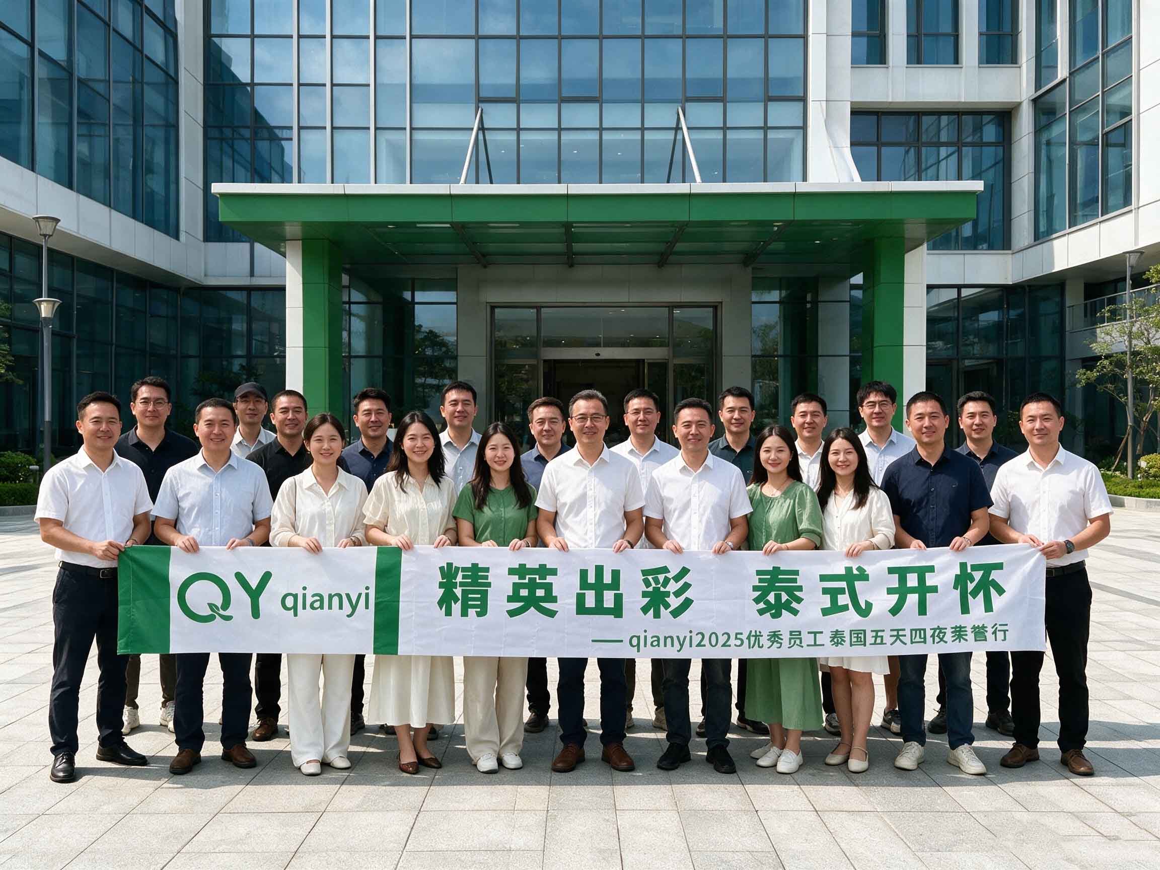 Group photo with banner outside factory